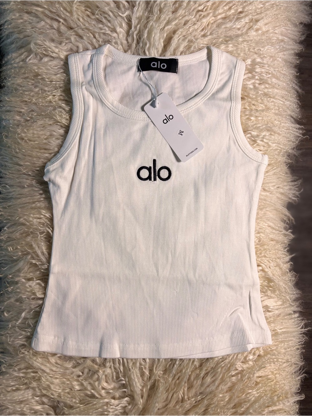 ALO Yoga White Ribbed Tank with Black Logo